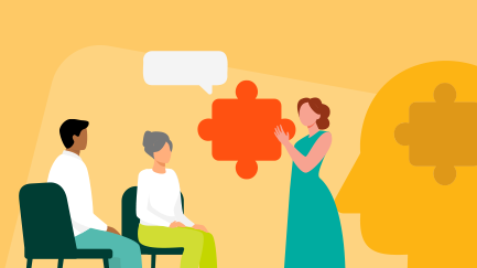 Illustration of a workshop. Leader is standing with a puzzle piece of the brain and presenting to a group who are sitting on chairs