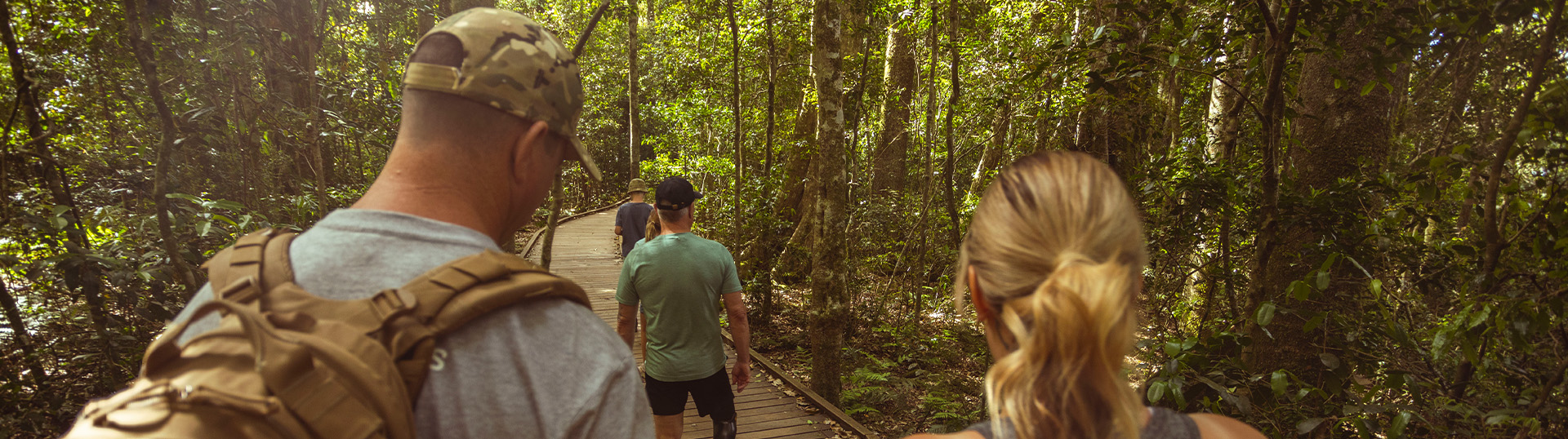 Group of people on an our door hike through a rainforest.